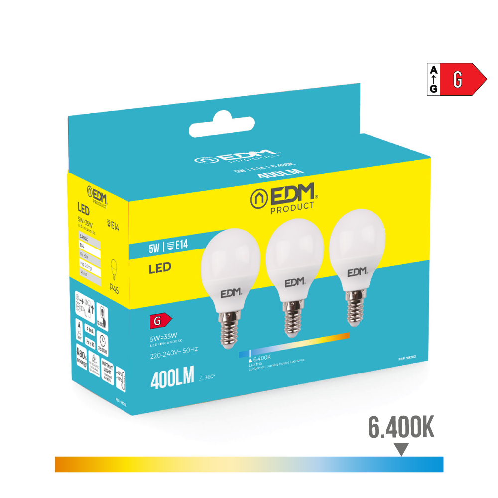 KIT 3 BOMBILLAS ESFERICAS LED E14 5W 400lm 6400K LUZ FRIA Ø4,5x8cm EDM