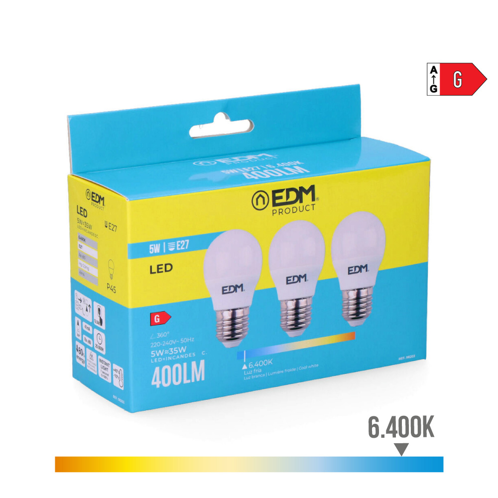 KIT 3 BOMBILLAS ESFERICAS LED E27 5W 400lm 6400K LUZ FRIA Ø4,5x8cm EDM