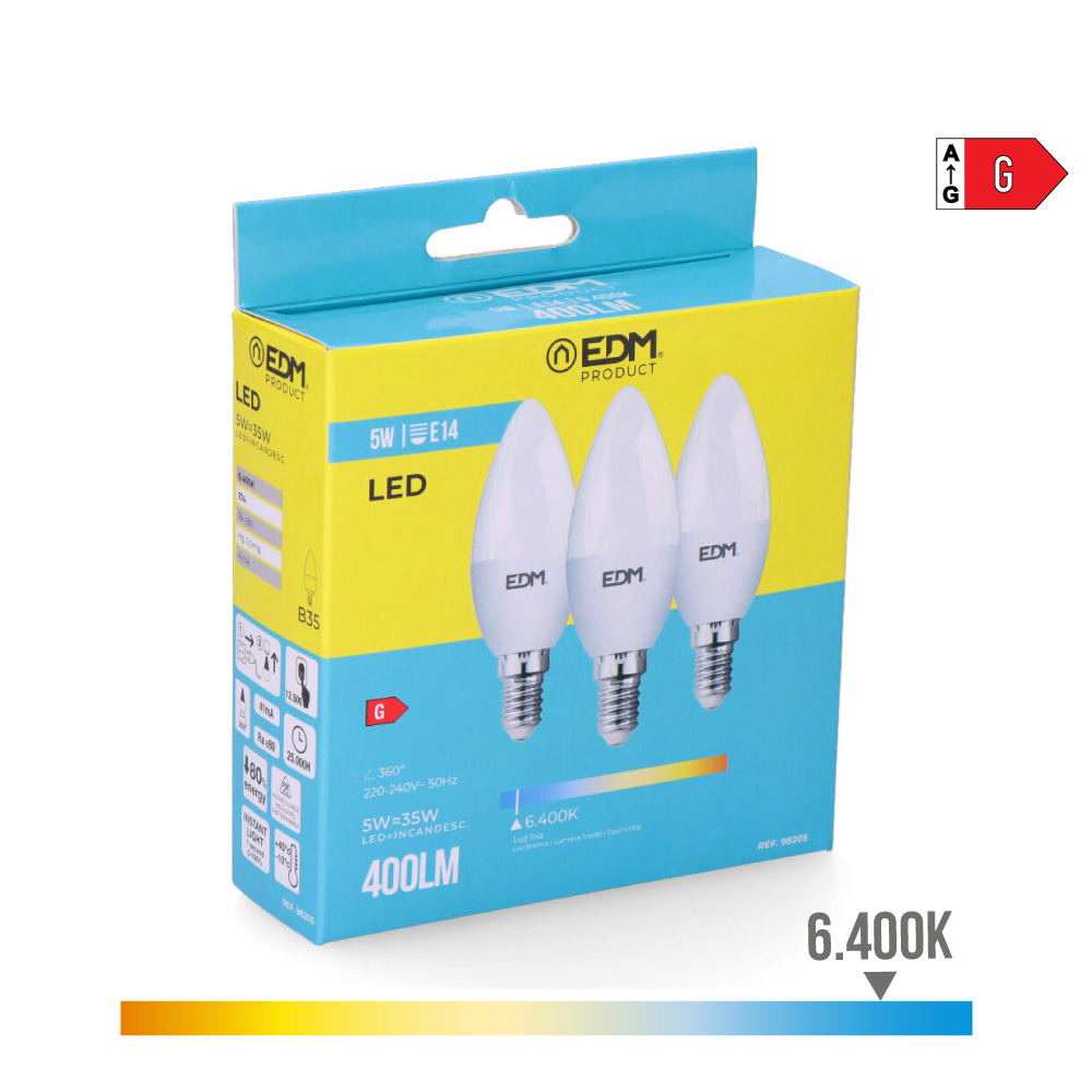 KIT 3 BOMBILLAS VELA LED E14 5W 400lm 6400K LUZ FRIA Ø3,6x10cm EDM