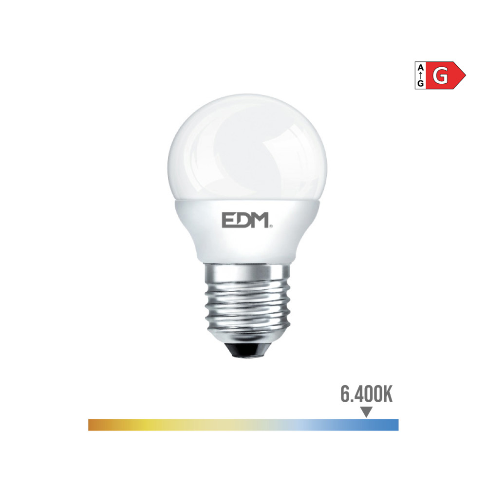 BOMBILLA ESFERICA LED E27 5W 400lm 6400K LUZ FRIA Ø4,5x8cm EDM - Ítem