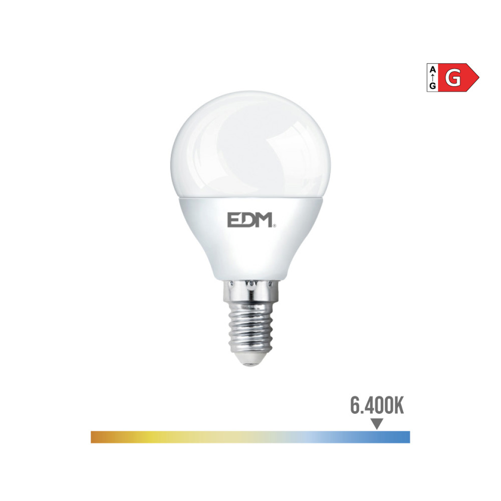 BOMBILLA ESFERICA LED E14 5W 400lm 6400K LUZ FRIA Ø4,5x8cm EDM