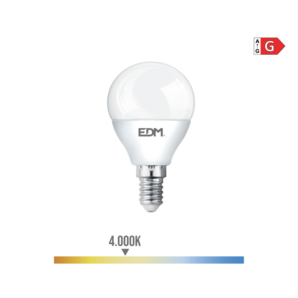 BOMBILLA ESFERICA LED E14 6W 500lm 4000K LUZ DIA Ø4,5x8,2cm EDM