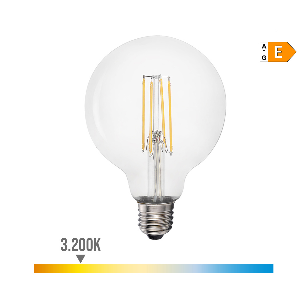 BOMBILLA DE GLOBO CON FILAMENTO DE LED E27 6W 800lm 3200K LUZ CALIDA Ø9,5x14,5cm EDM