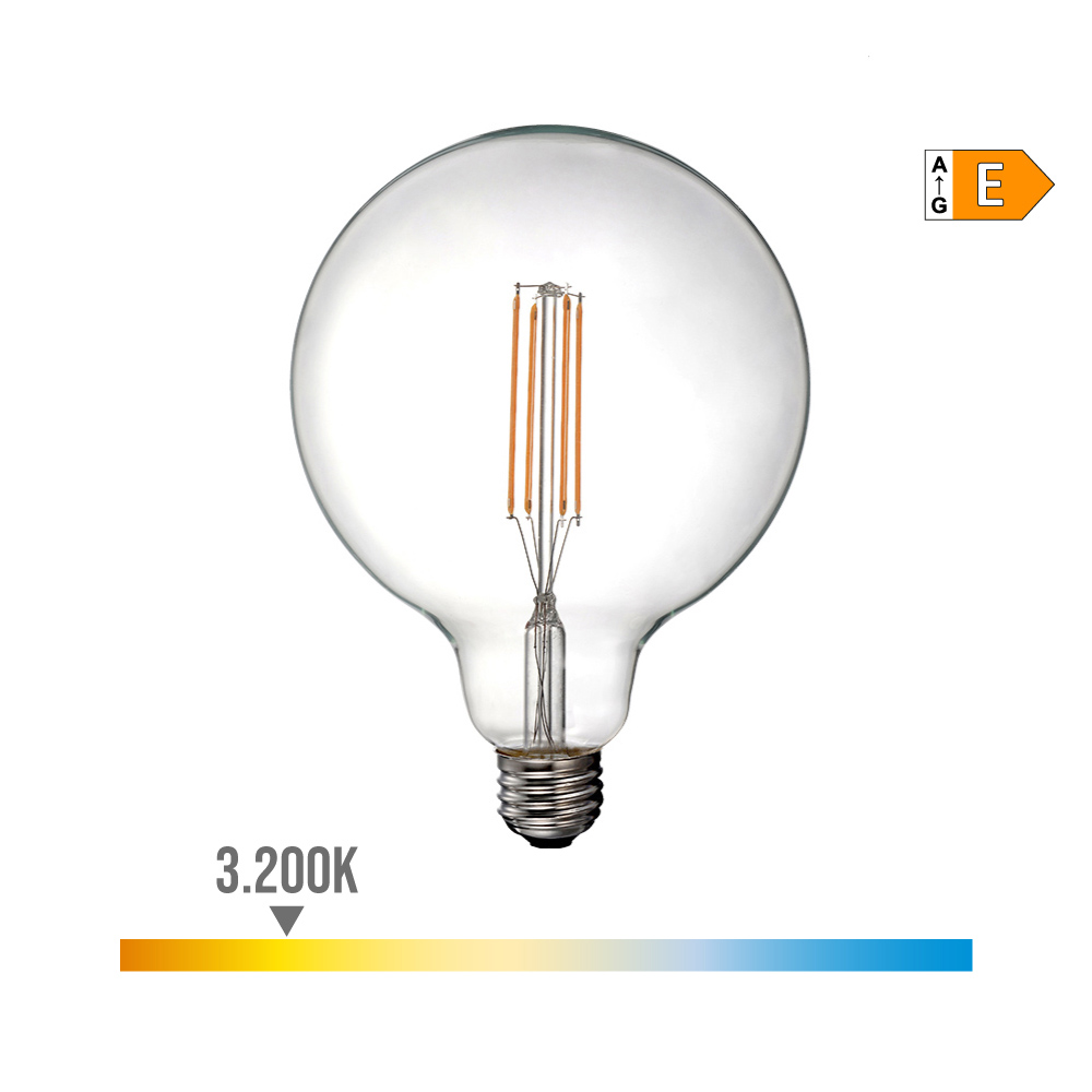 BOMBILLA DE GLOBO CON FILAMENTO DE LED E27 6W 800lm 3200K LUZ CALIDA Ø12,5x17cm EDM