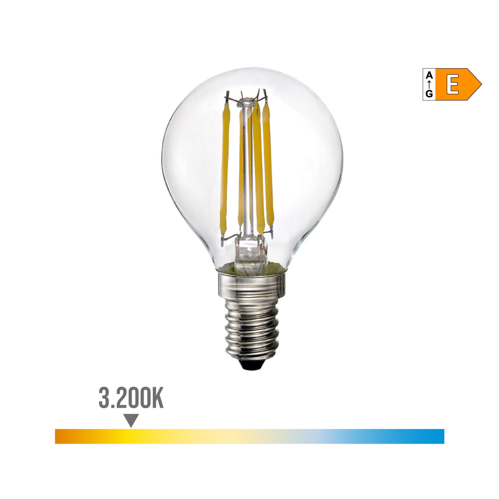 BOMBILLA ESFERICA CON FILAMENTO DE LED E14 4W 550lm 3200K LUZ CALIDA Ø4,5x7,8cm EDM