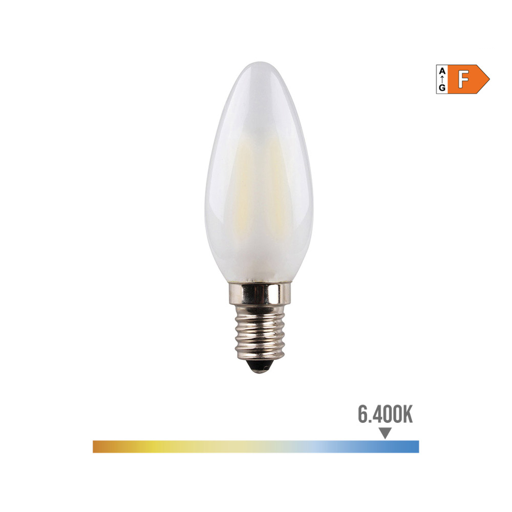 BOMBILLA DE VELA CON FILAMENTO DE LED. CRISTAL MATE E14 4,5W 470lm 6400K LUZ FRIA Ø3,5x9,8cm EDM