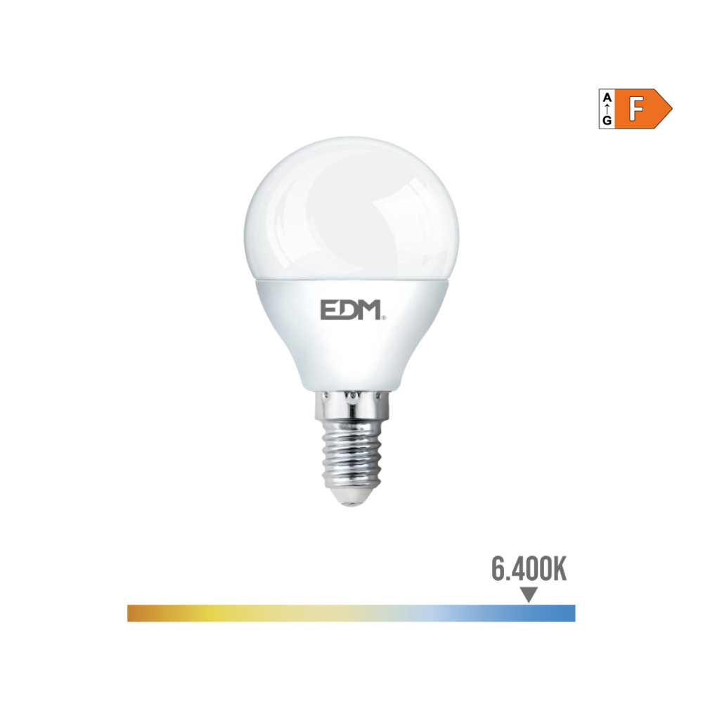 BOMBILLA ESFERICA LED E14 7W 600lm 6400K LUZ FRIA Ø4,5x8,2cm EDM