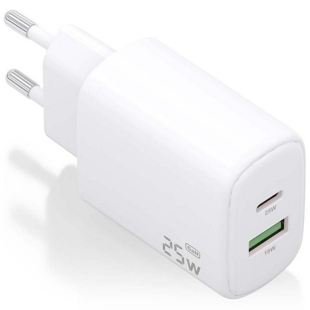 Cargador de Pared GaN Aisens A110-0911/ 1xUSB Tipo-C/ 1xUSB/ 25W/ Blanco