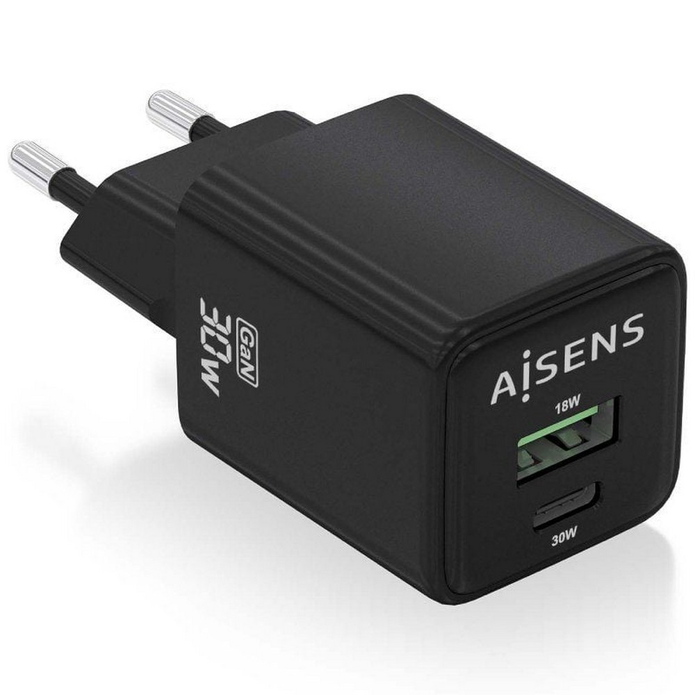 Cargador de Pared GaN Aisens ASCH-30W2P038-BK/ 1xUSB Tipo-C/ 1xUSB/ 30W
