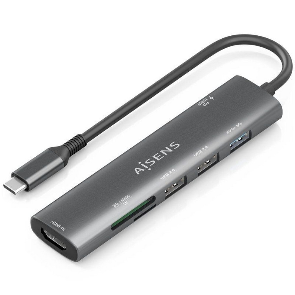 Docking USB Tipo-C Aisens ASUC-7P025-GR/ 1xHDMI 4K/ 3xUSB/ 1xUSB Tipo-C PD/ 1xLector Tarjetas/ Gris