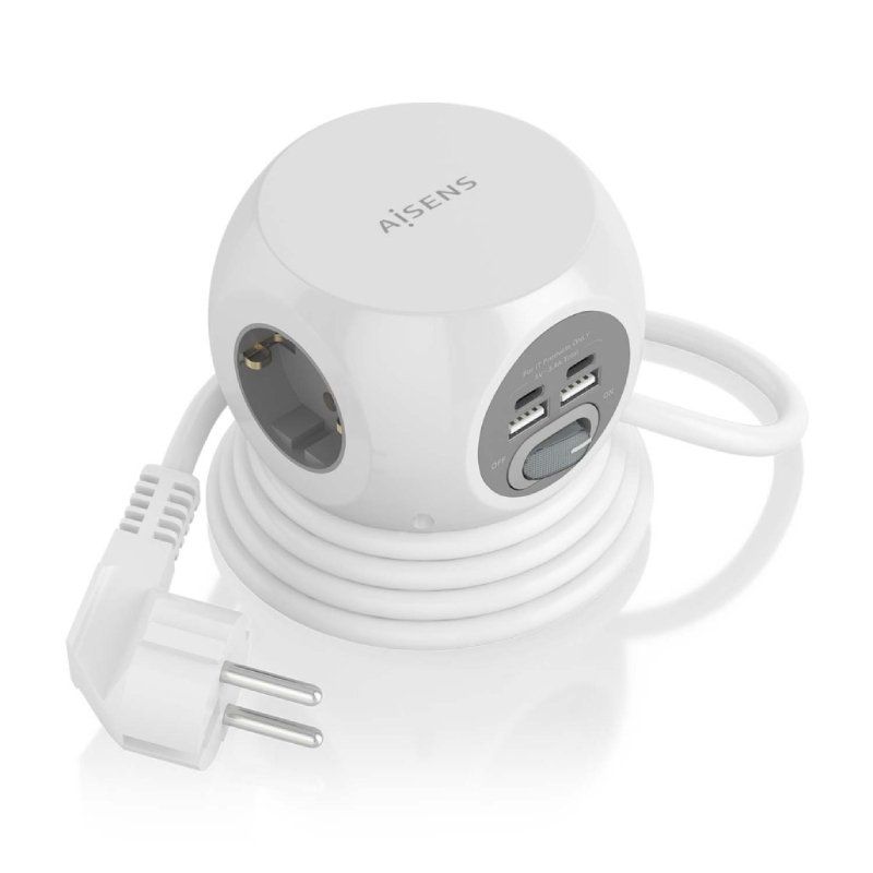 Regleta con Interruptor Aisens ASPS-2A2C04-W/ 3 Tomas de Corriente/ 2 USB Tipo-C/ 2 USB/ Cable 1.4m/ Blanco