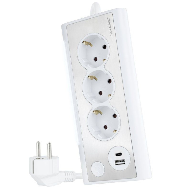 Regleta con Interruptor Nanocable 10.37.0013-W/ 3 Tomas de Corriente/ 1 USB/ 1 USB Tipo-C/ Cable 1.5m/ Blanca