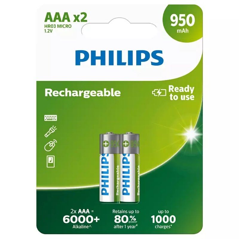 Pack de 2 Pilas AAA Philips R03B2A95/10/ 1.2V/ Recargables - Ítem