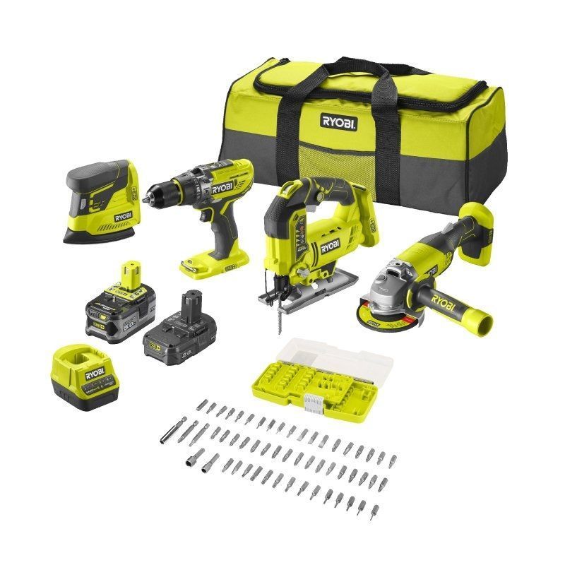 Pack Taladro + Amoladora + Sierra de calar + Lijadora Ryobi ONE+ R18CK4F-252S/ 2 baterías 18V 5,0 y 2,0 Ah/ Cargador 2,0 A/ Bolsa de Transporte