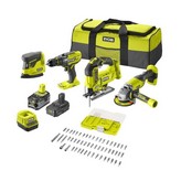 Pack Taladro + Amoladora + Sierra de calar + Lijadora Ryobi ONE+ R18CK4F-252S/ 2 baterías 18V 5,0 y 2,0 Ah/ Cargador 2,0 A/ Bolsa de Transporte