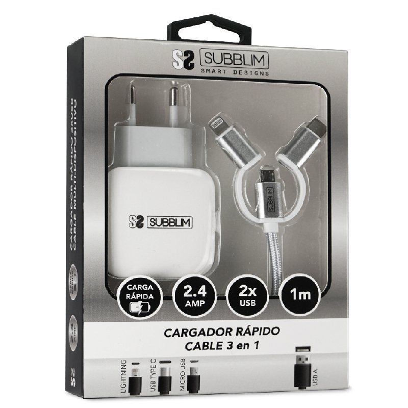 Cargador de Pared Subblim SUB-CHG-1ZWC01/ 2xUSB + Cable 3 en 1/ 12W/ Blanco