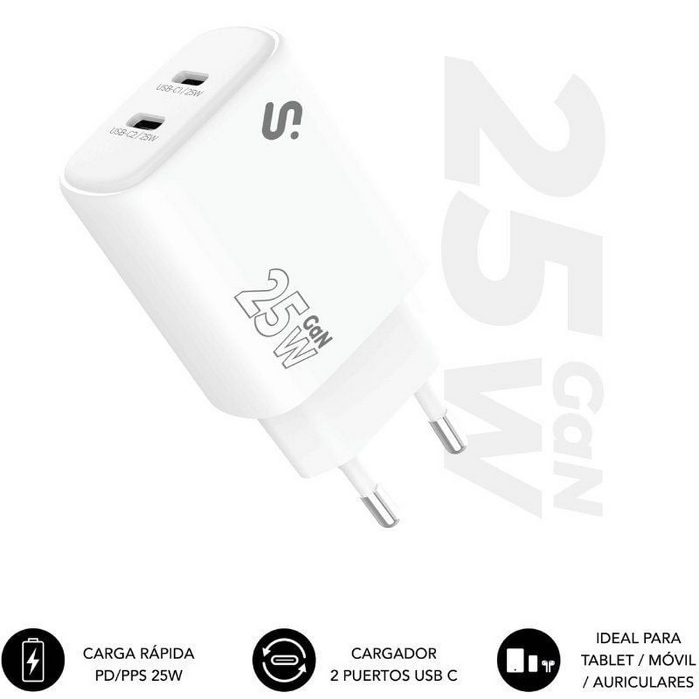 Cargador de Pared GaN Subblim 25W Charger USB C+C/ 2xUSB Tipo-C/ 25W