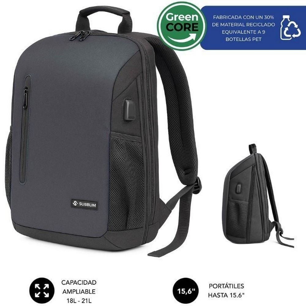 Mochila Subblim Xpand Air Padding Backpack para Portátiles hasta 15.6'/ Puerto USB/ Negro