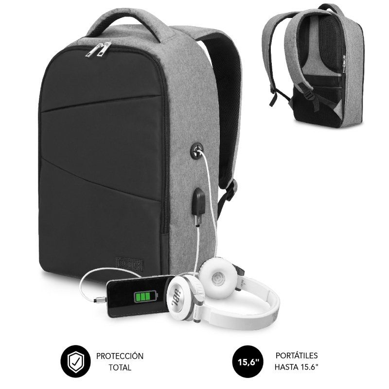 Mochila Subblim Secure V2 AP para Portátiles hasta 15.6'/ Puerto USB/ Antirrobo/ Gris