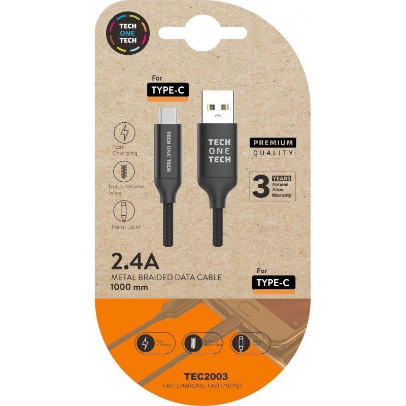 Cable USB 2.0 Tipo-C Tech One Tech TEC2003/ USB Tipo-C Macho - USB Macho/ 1m/ Negro - Ítem