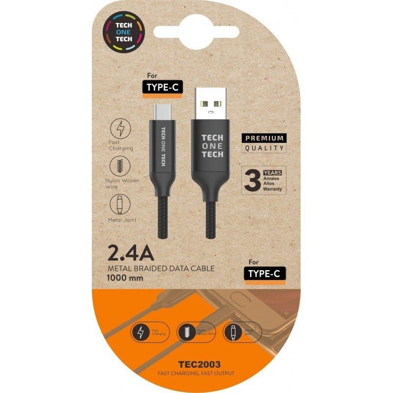 Cable USB 2.0 Tech One Tech TEC2003/ USB Tipo-C Macho - USB Macho/ 1m/ Negro