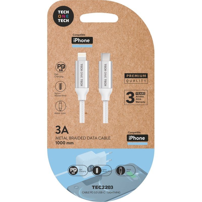 Cable Lightning Tech One Tech TEC2203/ Lightning Macho - USB Tipo-C Macho/ 1m/ Blanco