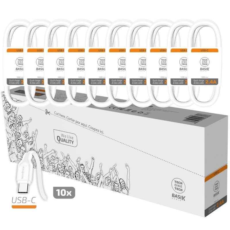 Pack 10 Cables USB 2.0 Tech One Tech Basik TEC2953/ USB Macho - USB Tipo-C Macho/ 1m/ Blanco