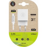 Cargador de Pared Tech One Tech TEC2401/ 2xUSB + Cable Micro USB/ 2.4A/ Blanco