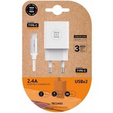 Cargador de Pared Tech One Tech TEC2403/ 2xUSB + Cable USB Tipo-C/ 2.4A/ Blanco