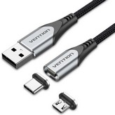 Cable de Carga Magnético USB Tipo-C con Adaptador MicroUSB Vention CQMHF/ USB Macho/ USB Tipo-C Macho - MicroUSB Macho/ Hasta 60W/ 480Mbps/ 1m/ Gris