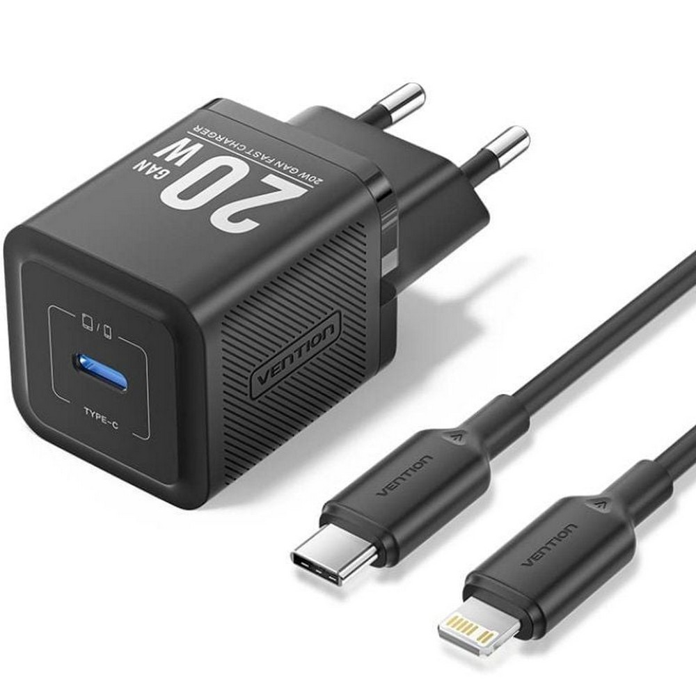 Cargador de Pared GaN Vention TZ-FEPB0-EU-02/ 1xUSB Tipo-C + Cable Lightning/ 20W