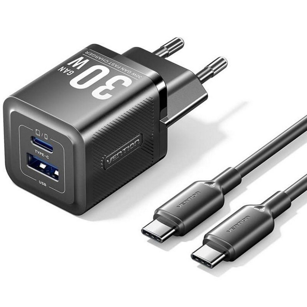 Cargador de Pared GaN Vention TZ-FEQB0-EU-01/ 1xUSB Tipo-C/ 1xUSB + Cable USB Tipo-C/ 30W